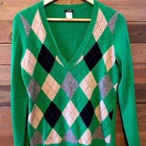 J Crew green & gray argyle v neck sweater